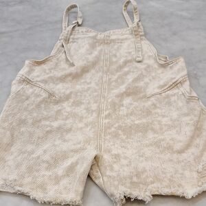 POL Romper Tan Cream Utility Shortalls Adjustable Sz L Cottage Shorts Denim Boho